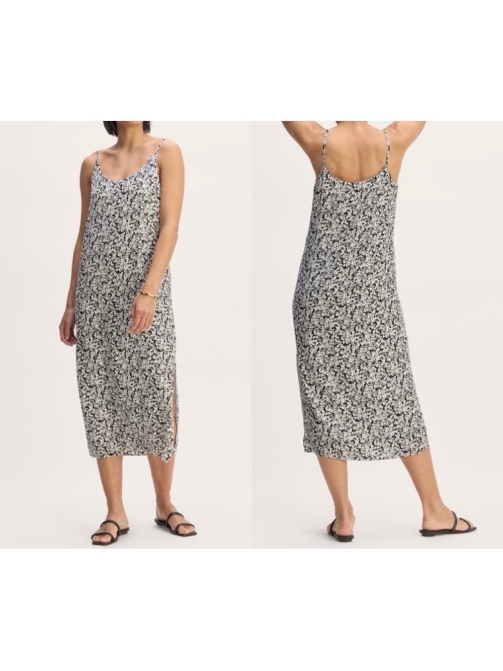 Everlane The Summer Slip Midi Dress Size 4 Black White Floral Sleeveless